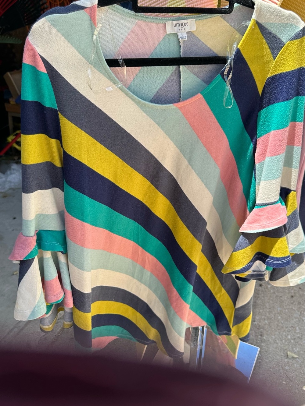 Umgee Multicolor Diagonal Stripe Ruffle Sleeve Tunic - Teal, Pink & Yellow